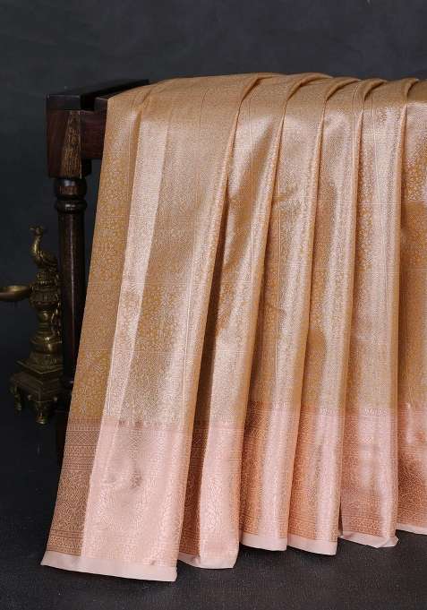 Bangalori Tissue Silk Saree Peach Shade With Allover Zari Woven Brocade Weaves And Zari Woven Border With Buttas And Brocade Design For Women