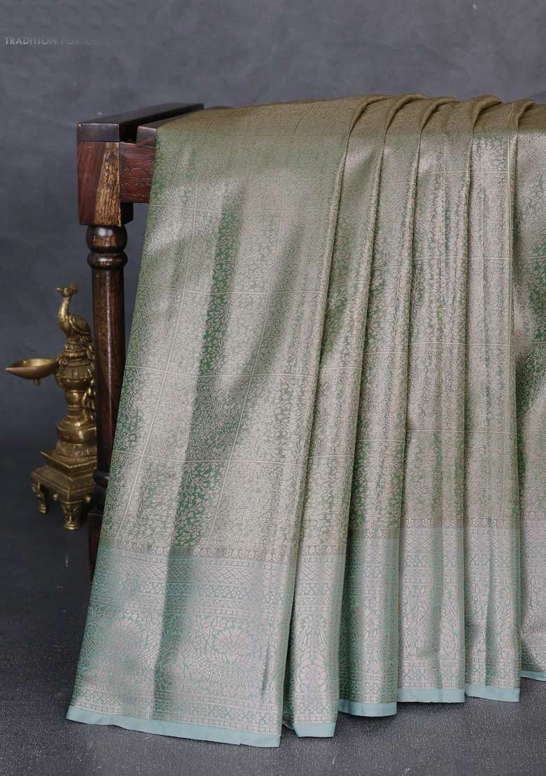 Bangalori Tissue Silk Saree Teal Green With Allover Zari Woven Brocade Weaves And Zari Woven Border With Buttas And Brocade Design For Women - Indya