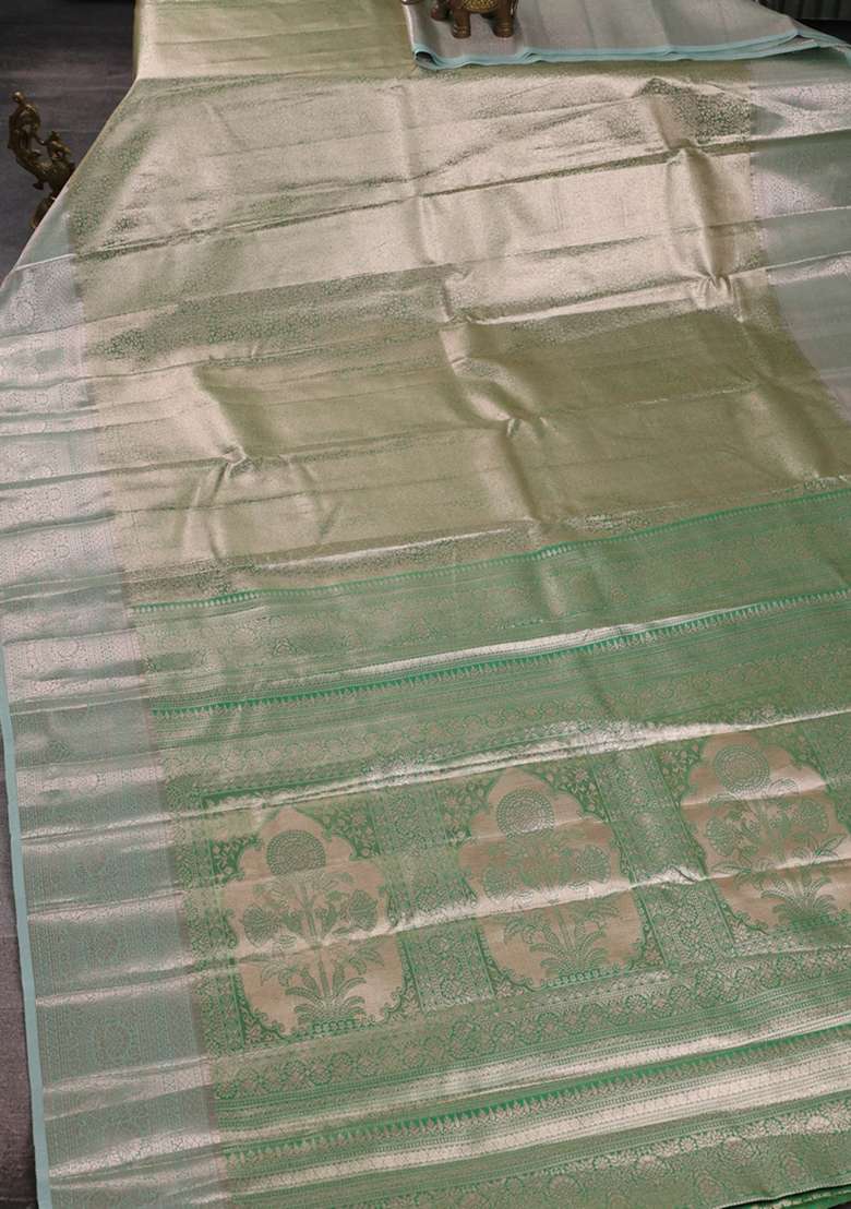 Bangalori Tissue Silk Saree Teal Green With Allover Zari Woven Brocade Weaves And Zari Woven Border With Buttas And Brocade Design For Women - Indya