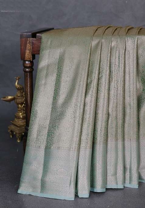 Bangalori Tissue Silk Saree Teal Green With Allover Zari Woven Brocade Weaves And Zari Woven Border With Buttas And Brocade Design For Women