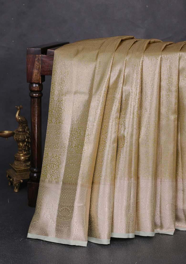 Bangalori Tissue Silk Saree Lime Green And Pista Green With Allover Zari Woven Brocade Weaves And Zari Woven With Buttas And Brocade Design For Women - Indya