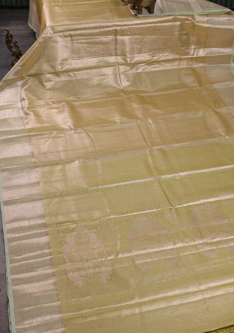 Bangalori Tissue Silk Saree Lime Green And Pista Green With Allover Zari Woven Brocade Weaves And Zari Woven With Buttas And Brocade Design For Women - Indya