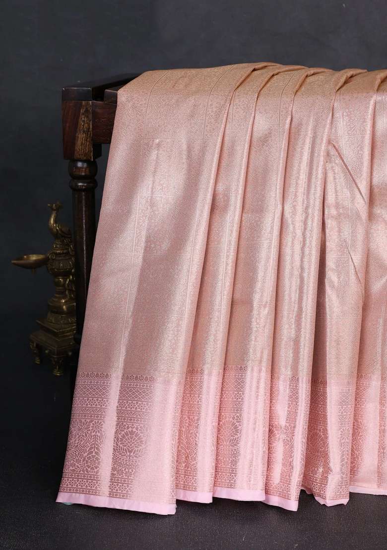 Bangalori Tissue Silk Saree Peach Pink And Baby Pink With Allover Zari Woven Brocade Weaves And Zari Woven With Buttas And Brocade Design For Women - Indya