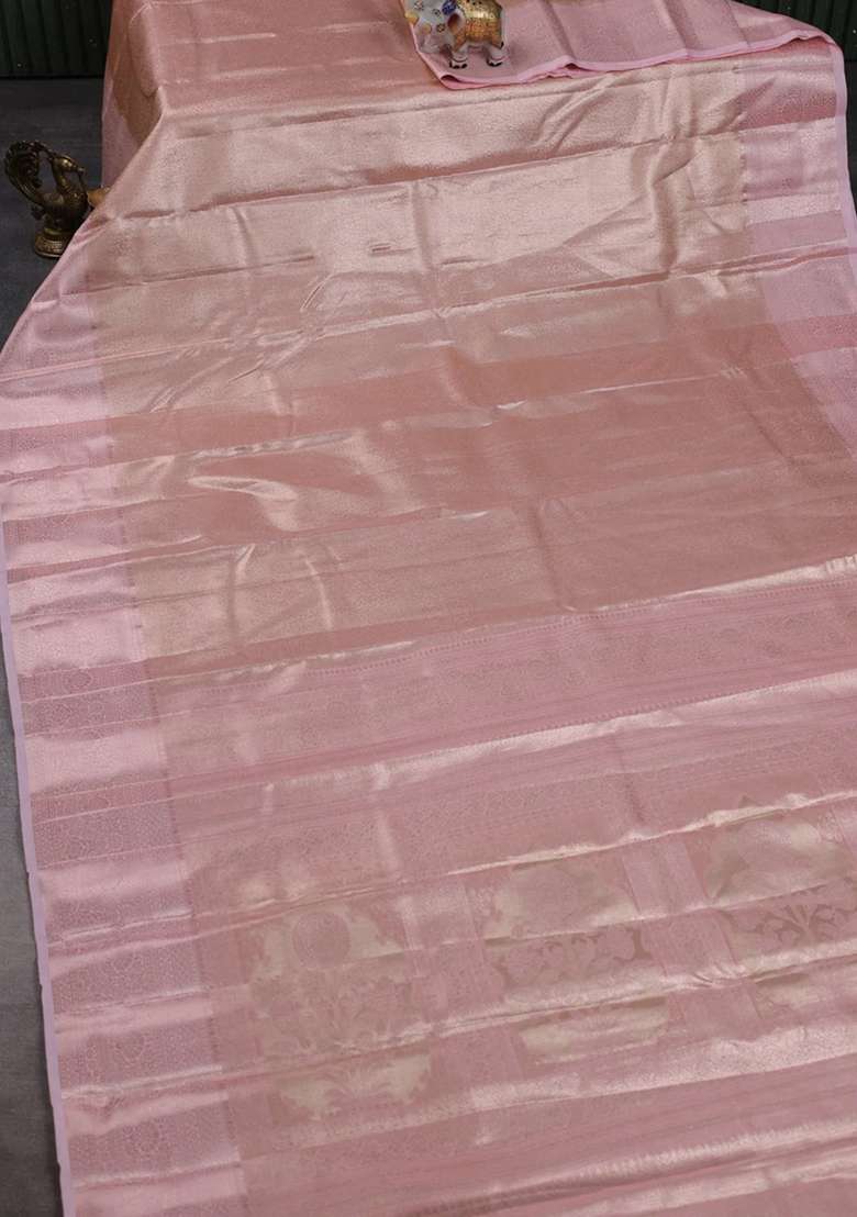 Bangalori Tissue Silk Saree Peach Pink And Baby Pink With Allover Zari Woven Brocade Weaves And Zari Woven With Buttas And Brocade Design For Women - Indya