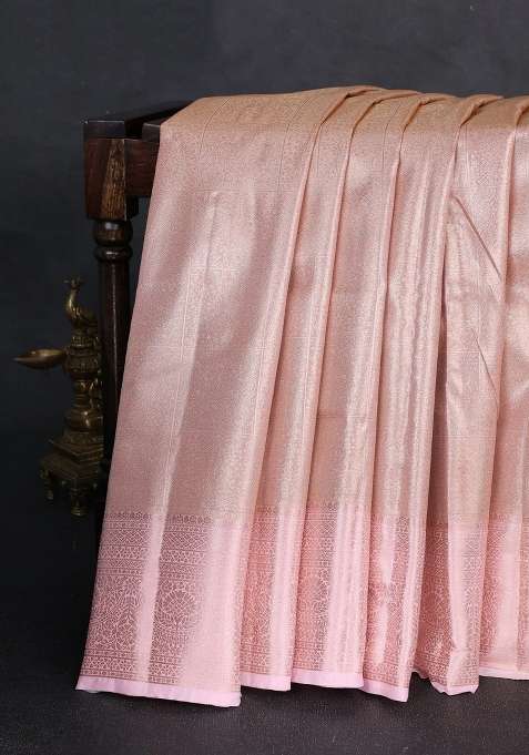 Bangalori Tissue Silk Saree Peach Pink And Baby Pink With Allover Zari Woven Brocade Weaves And Zari Woven With Buttas And Brocade Design For Women