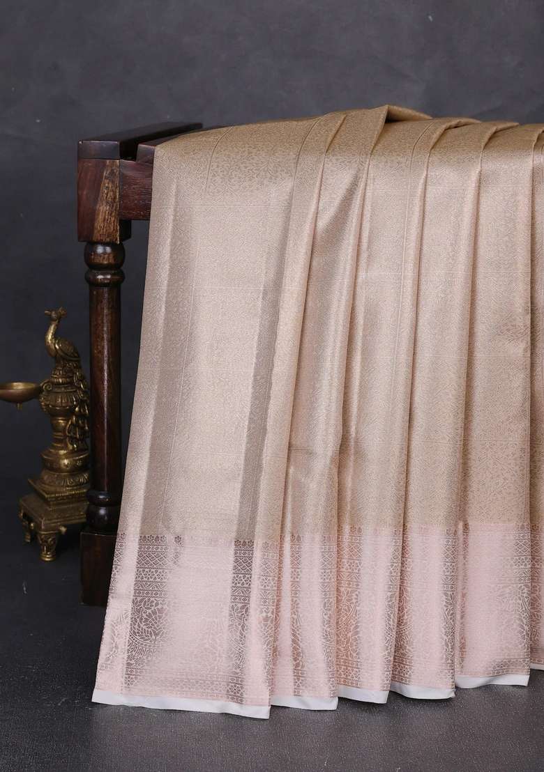 Bangalori Tissue Silk Saree Beige And Off White With Allover Zari Woven Brocade Weaves And Zari Woven Border With Buttas And Brocade Design For Women - Indya