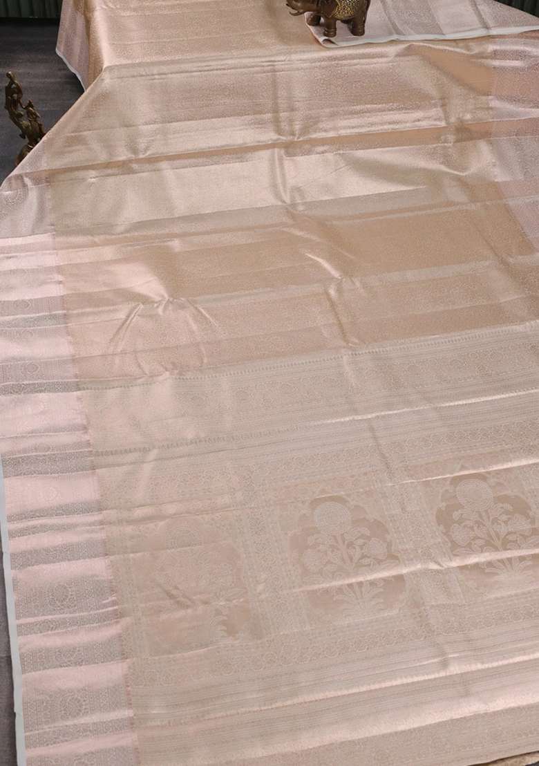 Bangalori Tissue Silk Saree Beige And Off White With Allover Zari Woven Brocade Weaves And Zari Woven Border With Buttas And Brocade Design For Women - Indya