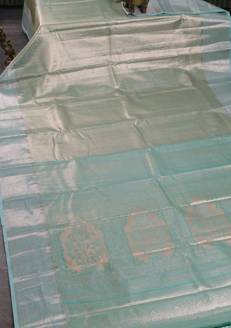 Bangalori Tissue Silk Saree Teal Green With Allover Zari Woven Brocade Weaves And Zari Woven Border With Buttas And Brocade Design For Women - Indya