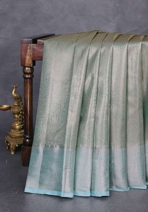 Bangalori Tissue Silk Saree Teal Green With Allover Zari Woven Brocade Weaves And Zari Woven Border With Buttas And Brocade Design For Women