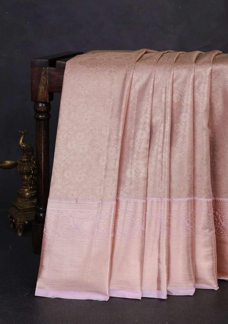 Bangalori Tissue Silk Saree Baby Pink With Allover Zari Woven Brocade Weaves And Long Zari Woven Border With Buttas And Brocade Design For Women - Indya