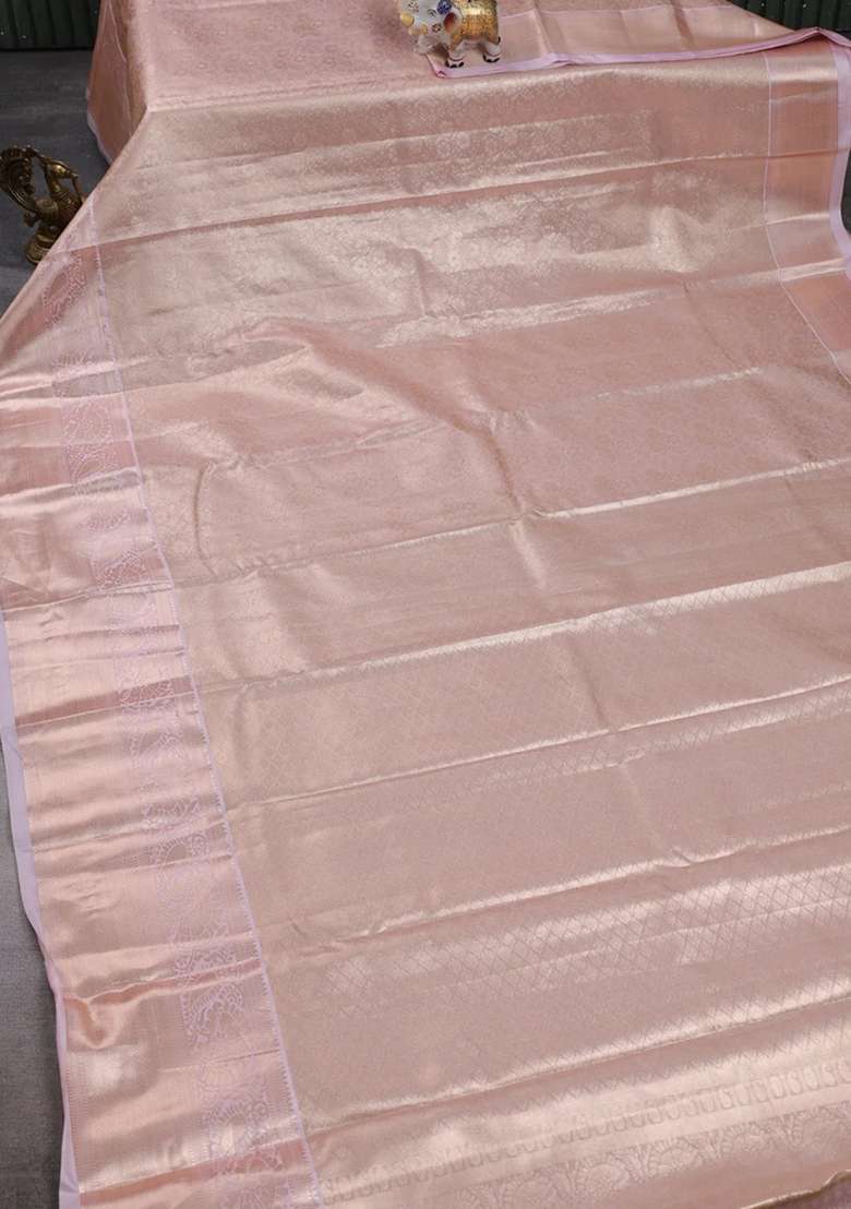 Bangalori Tissue Silk Saree Baby Pink With Allover Zari Woven Brocade Weaves And Long Zari Woven Border With Buttas And Brocade Design For Women - Indya