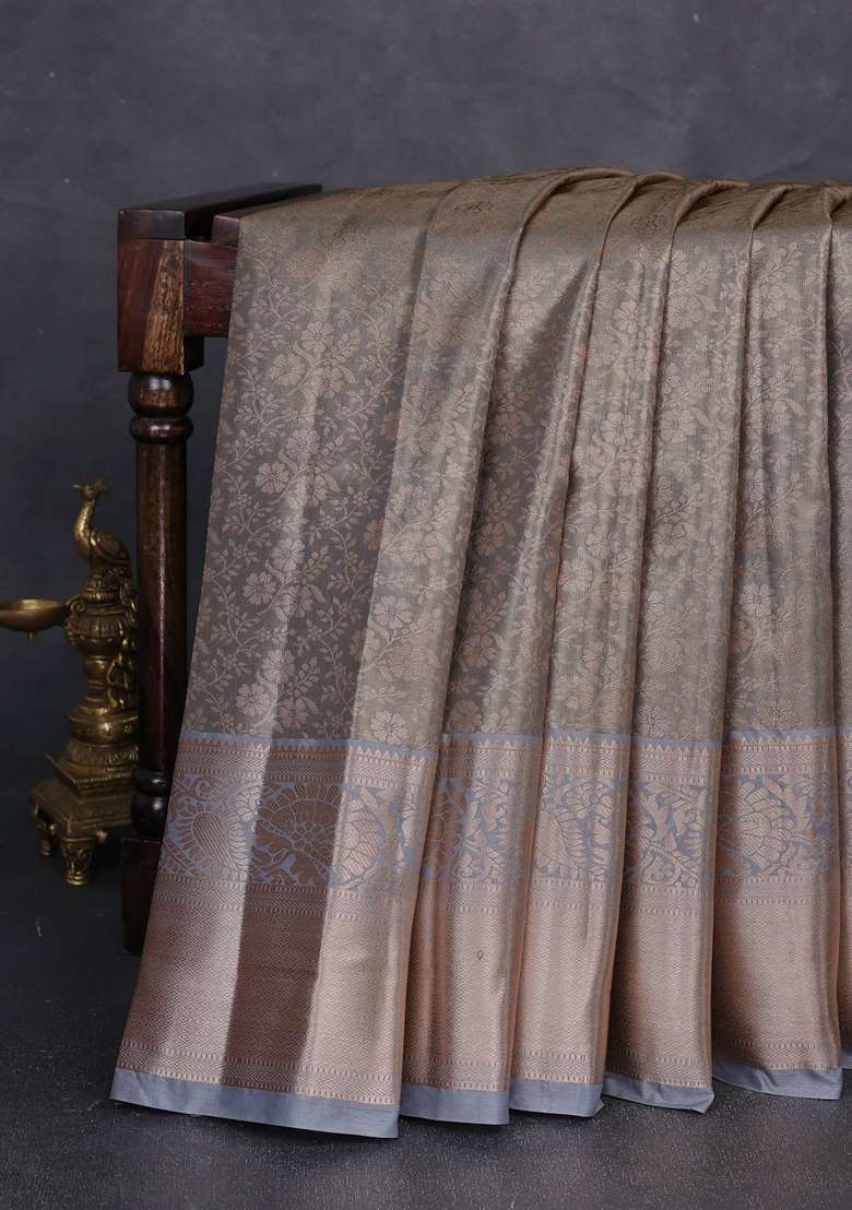 Bangalori Tissue Silk Saree Grey With Allover Zari Woven Brocade Weaves And Long Zari Woven Border With Buttas And Brocade Design For Women - Indya