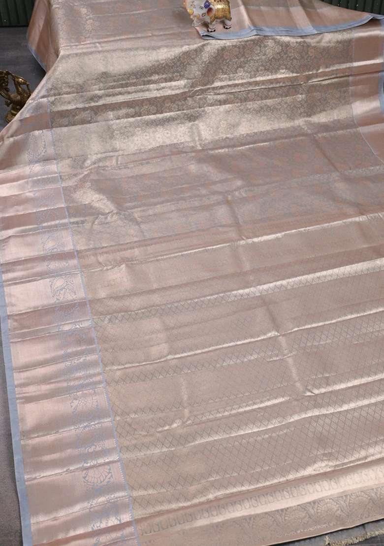 Bangalori Tissue Silk Saree Grey With Allover Zari Woven Brocade Weaves And Long Zari Woven Border With Buttas And Brocade Design For Women - Indya