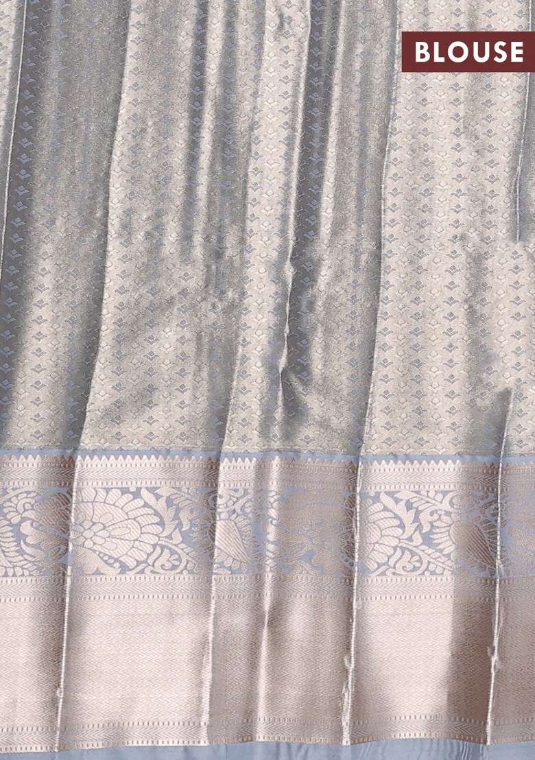 Bangalori Tissue Silk Saree Grey With Allover Zari Woven Brocade Weaves And Long Zari Woven Border With Buttas And Brocade Design For Women - Indya