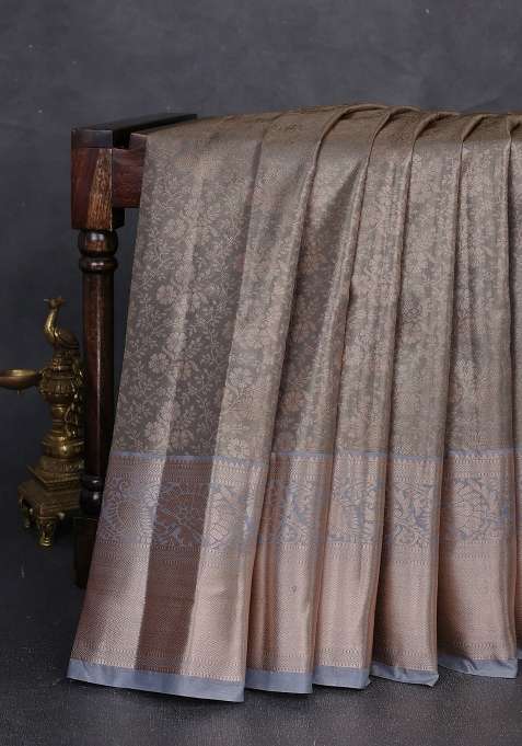 Bangalori Tissue Silk Saree Grey With Allover Zari Woven Brocade Weaves And Long Zari Woven Border With Buttas And Brocade Design For Women
