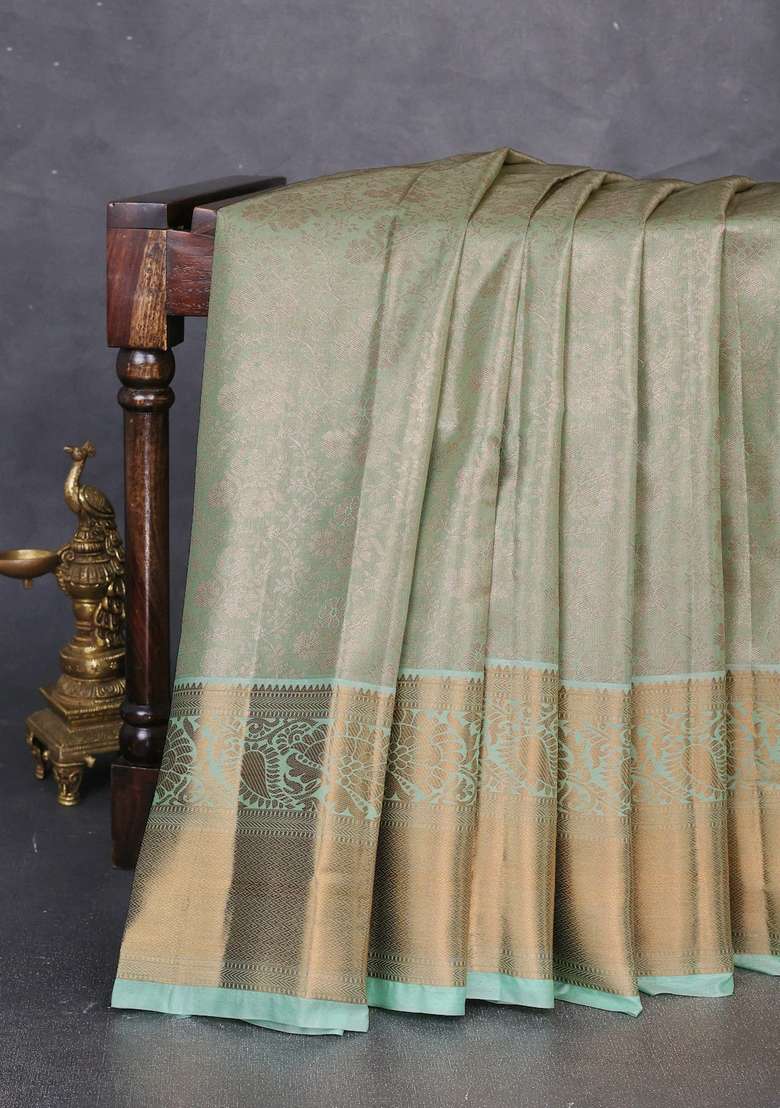 Bangalori Tissue Silk Saree Teal Green With Allover Zari Woven Brocade Weaves And Long Zari Woven Border With Buttas And Brocade Design For Women - Indya