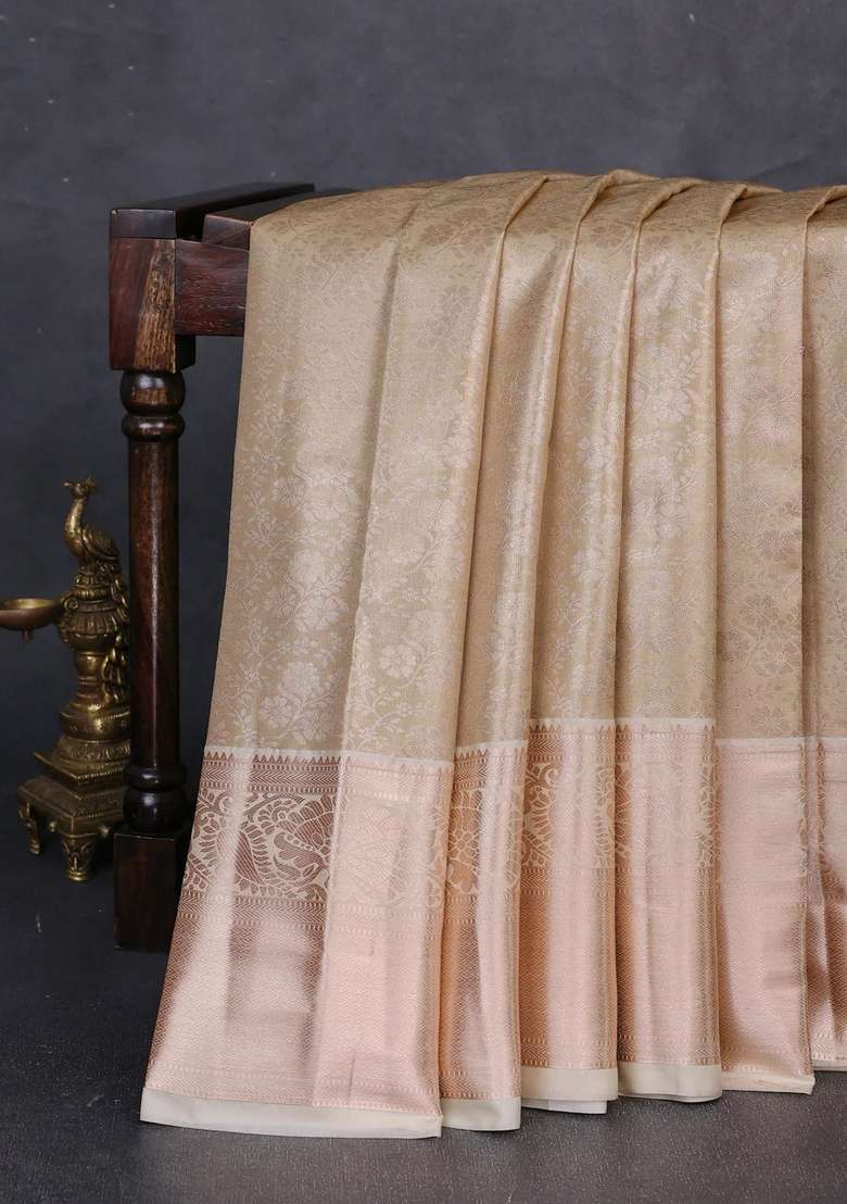 Bangalori Tissue Silk Saree Cream With Allover Zari Woven Brocade Weaves And Long Zari Woven Border With Buttas And Brocade Design For Women - Indya