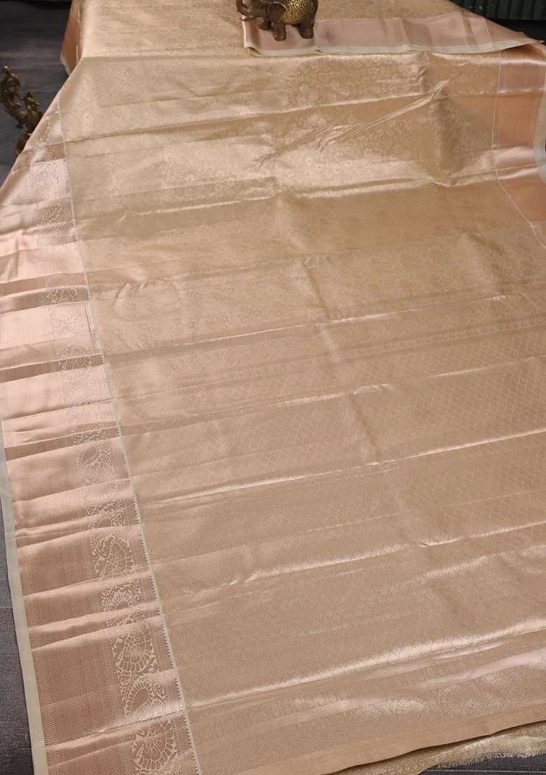 Bangalori Tissue Silk Saree Cream With Allover Zari Woven Brocade Weaves And Long Zari Woven Border With Buttas And Brocade Design For Women - Indya