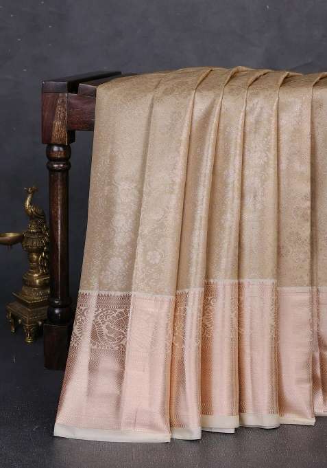Bangalori Tissue Silk Saree Cream With Allover Zari Woven Brocade Weaves And Long Zari Woven Border With Buttas And Brocade Design For Women