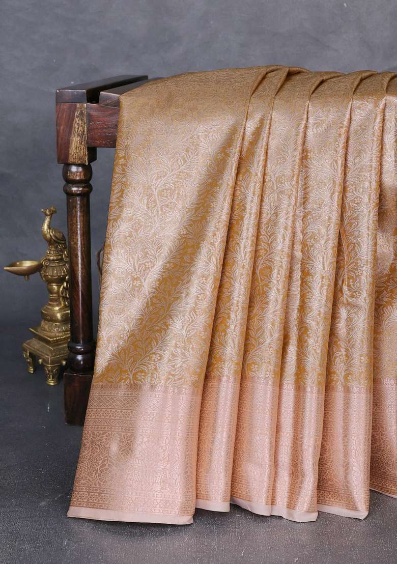 Bangalori Tissue Silk Saree Mustard Yellow And Pale Orange With Allover Zari Woven Brocade Weaves And Zari With Buttas And Brocade Design For Women - Indya