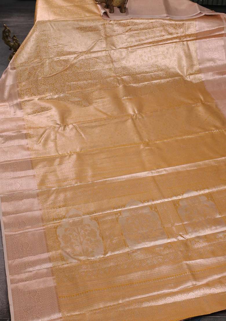 Bangalori Tissue Silk Saree Mustard Yellow And Pale Orange With Allover Zari Woven Brocade Weaves And Zari With Buttas And Brocade Design For Women - Indya