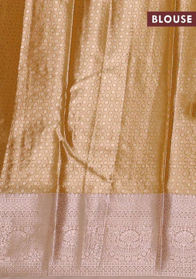 Bangalori Tissue Silk Saree Mustard Yellow And Pale Orange With Allover Zari Woven Brocade Weaves And Zari With Buttas And Brocade Design For Women - Indya