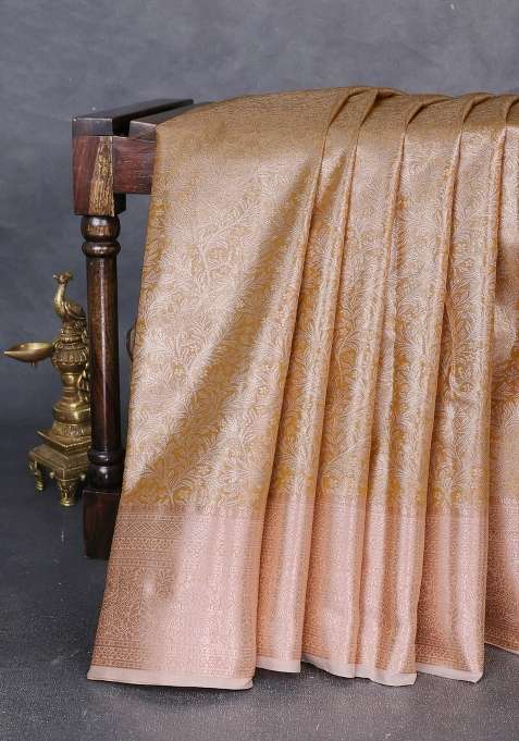 Bangalori Tissue Silk Saree Mustard Yellow And Pale Orange With Allover Zari Woven Brocade Weaves And Zari With Buttas And Brocade Design For Women