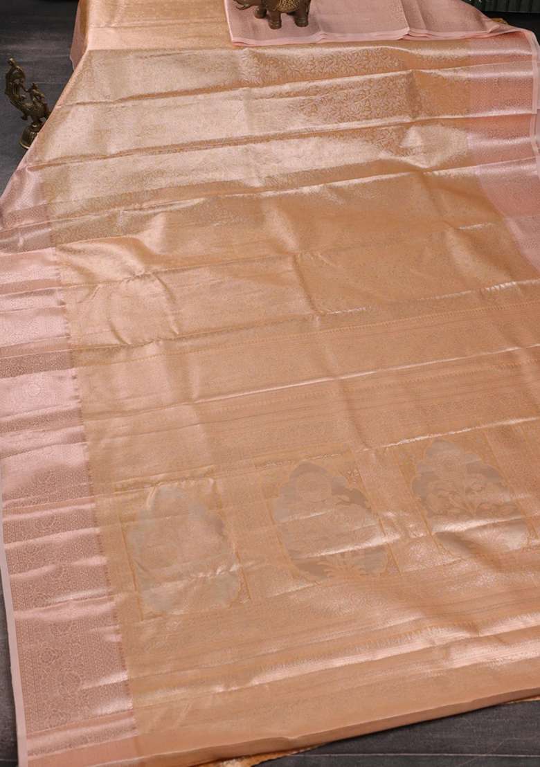 Bangalori Tissue Silk Saree Peach Orange And Peach Shade With Allover Zari Woven Brocade Weaves And Zari With Buttas And Brocade Design For Women - Indya
