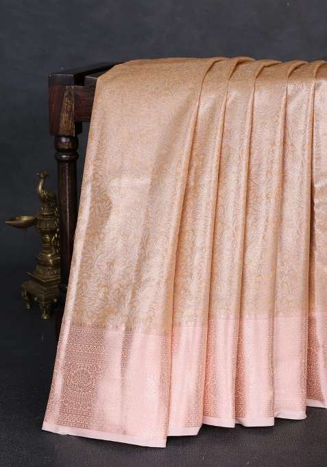 Bangalori Tissue Silk Saree Peach Orange And Peach Shade With Allover Zari Woven Brocade Weaves And Zari With Buttas And Brocade Design For Women