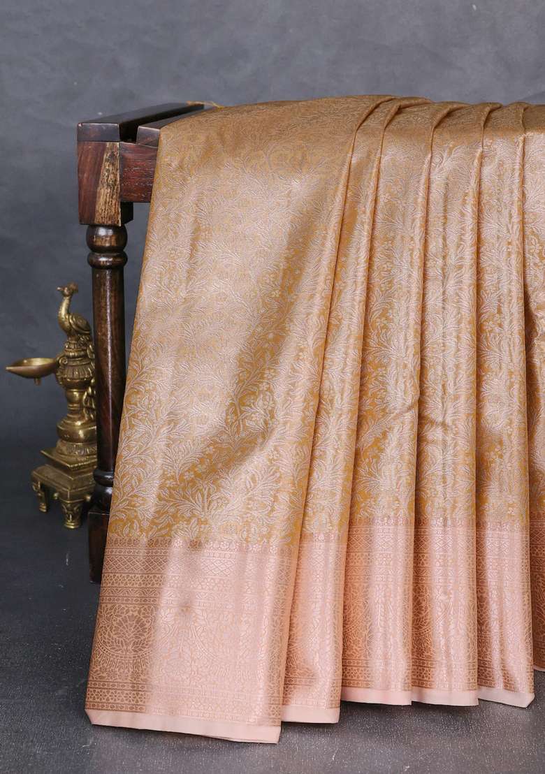 Bangalori Tissue Silk Saree Pale Orange With Allover Zari Woven Brocade Weaves And Zari Woven Border With Buttas And Brocade Design For Women - Indya