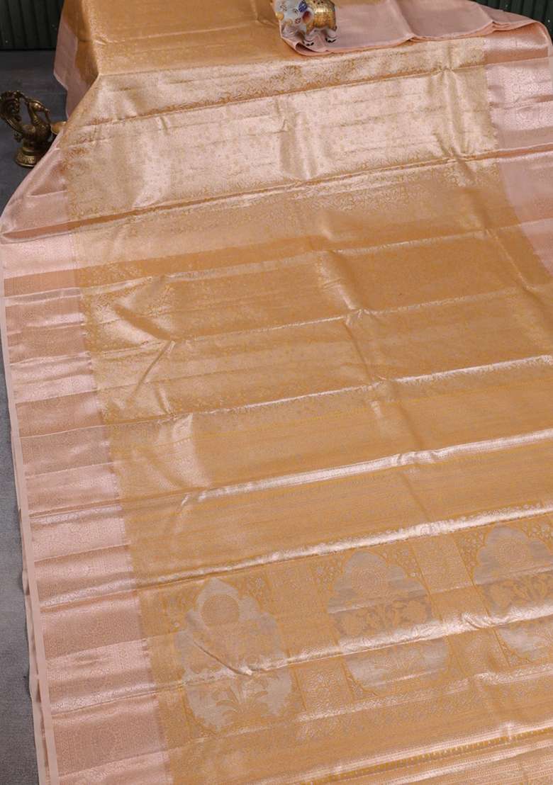 Bangalori Tissue Silk Saree Pale Orange With Allover Zari Woven Brocade Weaves And Zari Woven Border With Buttas And Brocade Design For Women - Indya