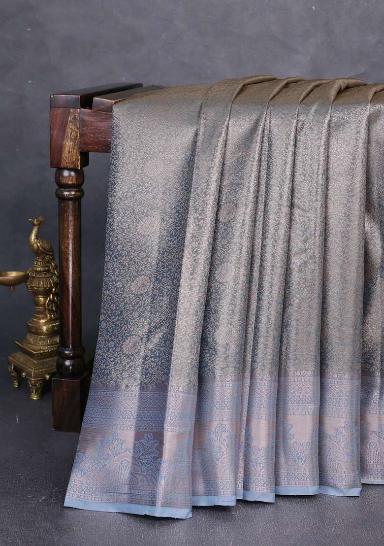 Bangalori Tissue Silk Saree Grey With Allover Zari Woven Brocade Weaves And Zari Woven Border With Buttas And Brocade Design For Women - Indya
