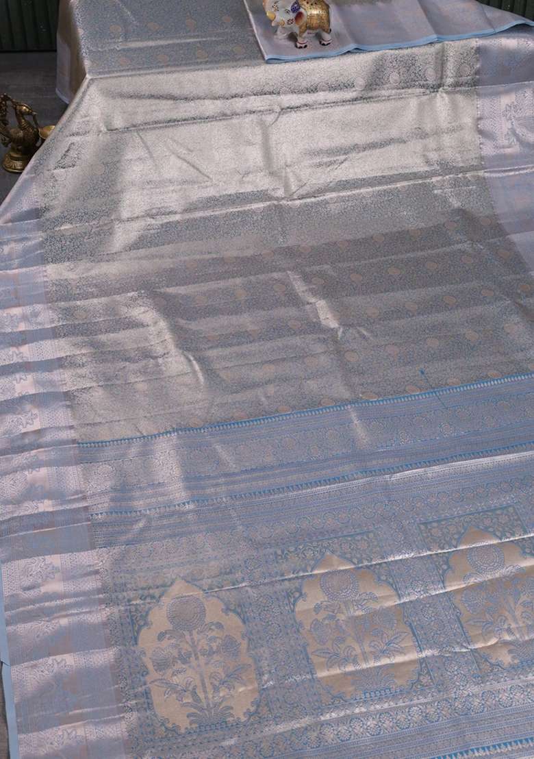 Bangalori Tissue Silk Saree Grey With Allover Zari Woven Brocade Weaves And Zari Woven Border With Buttas And Brocade Design For Women - Indya