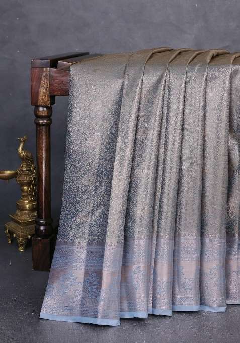 Bangalori Tissue Silk Saree Grey With Allover Zari Woven Brocade Weaves And Zari Woven Border With Buttas And Brocade Design For Women