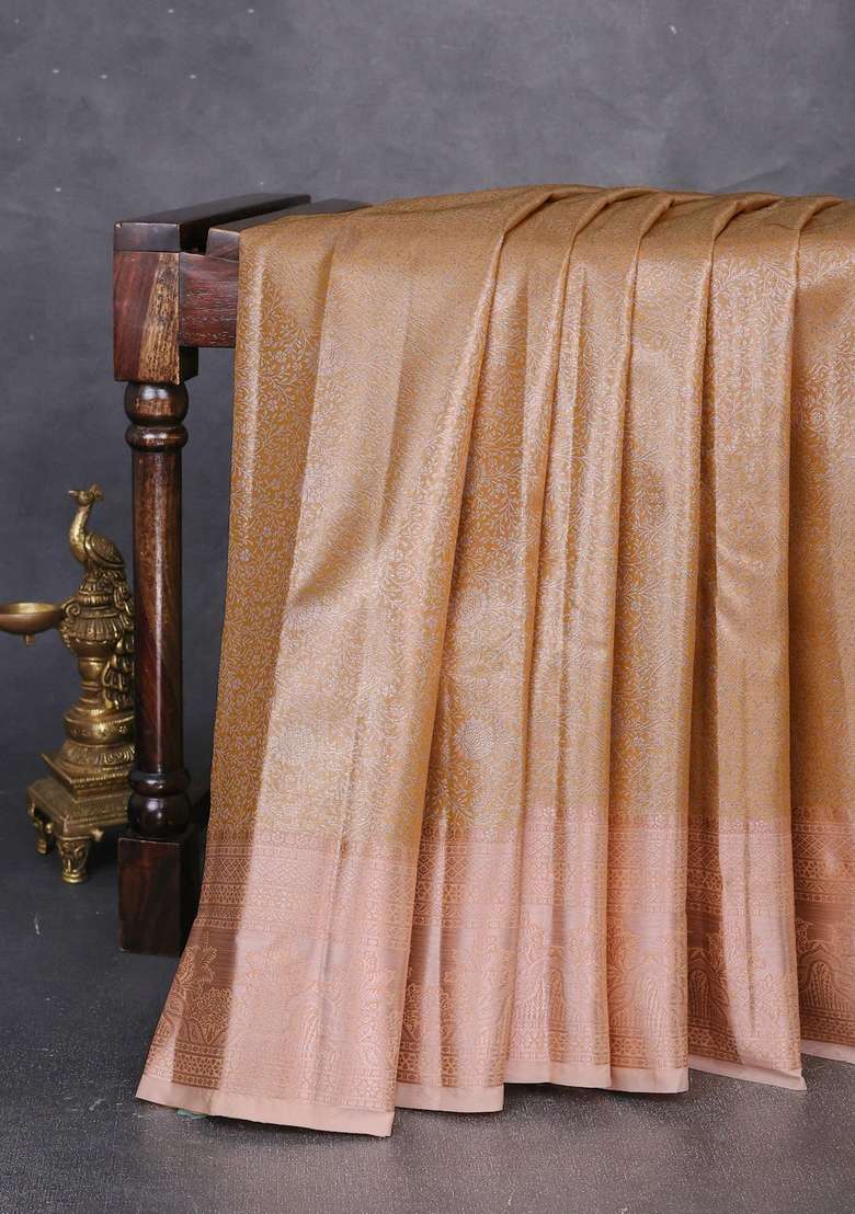 Bangalori Tissue Silk Saree Mustard Yellow And Pale Orange With Allover Zari Woven Brocade Weaves And Zari With Buttas And Brocade Design For Women - Indya