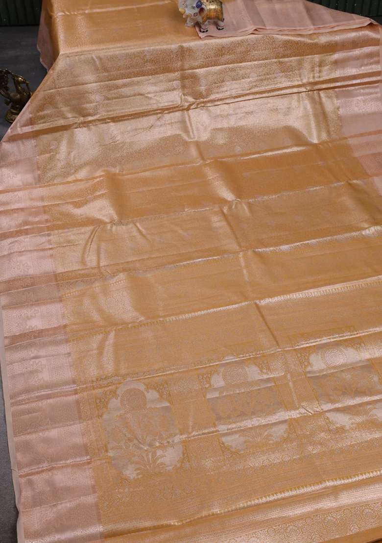 Bangalori Tissue Silk Saree Mustard Yellow And Pale Orange With Allover Zari Woven Brocade Weaves And Zari With Buttas And Brocade Design For Women - Indya