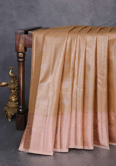 Bangalori Tissue Silk Saree Mustard Yellow And Pale Orange With Allover Zari Woven Brocade Weaves And Zari With Buttas And Brocade Design For Women