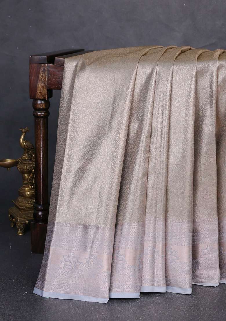 Bangalori Tissue Silk Saree Grey With Allover Zari Woven Brocade Weaves And Zari Woven Border With Buttas And Brocade Design For Women - Indya