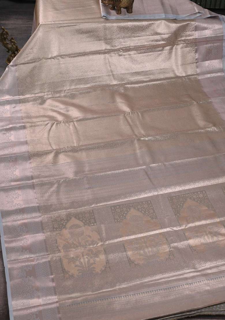 Bangalori Tissue Silk Saree Grey With Allover Zari Woven Brocade Weaves And Zari Woven Border With Buttas And Brocade Design For Women - Indya