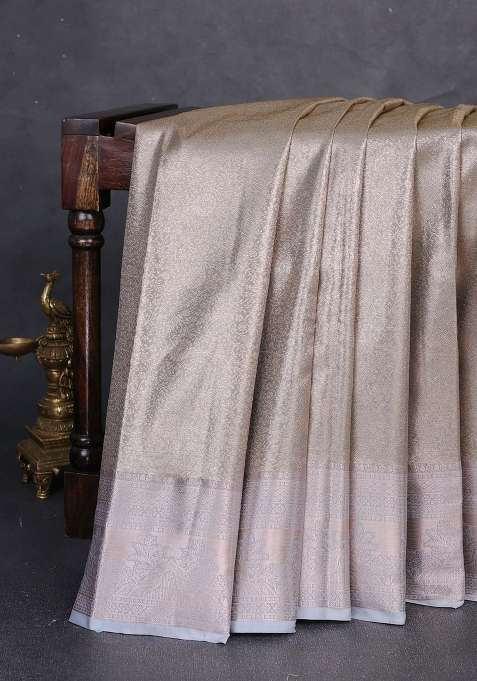 Bangalori Tissue Silk Saree Grey With Allover Zari Woven Brocade Weaves And Zari Woven Border With Buttas And Brocade Design For Women