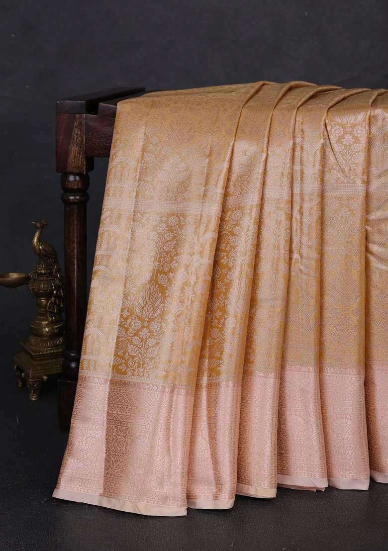Bangalori Tissue Silk Saree Mustard Yellow And Peach With Allover Zari Woven Brocade Weaves And Long Zari With Buttas And Brocade Design For Women - Indya