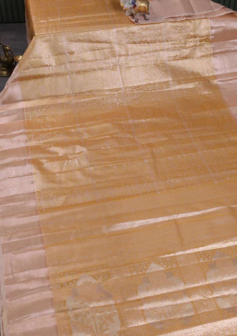 Bangalori Tissue Silk Saree Mustard Yellow And Peach With Allover Zari Woven Brocade Weaves And Long Zari With Buttas And Brocade Design For Women - Indya