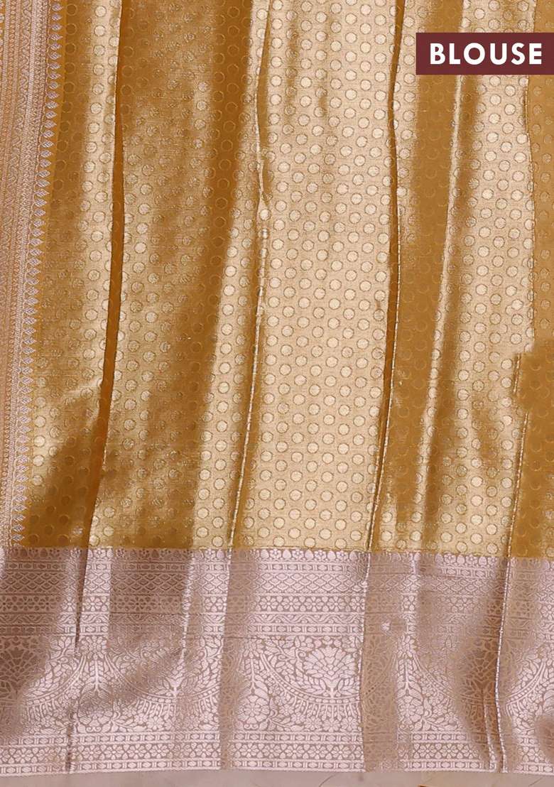 Bangalori Tissue Silk Saree Mustard Yellow And Peach With Allover Zari Woven Brocade Weaves And Long Zari With Buttas And Brocade Design For Women - Indya