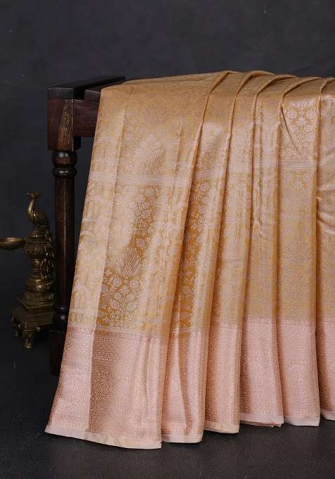 Bangalori Tissue Silk Saree Mustard Yellow And Peach With Allover Zari Woven Brocade Weaves And Long Zari With Buttas And Brocade Design For Women