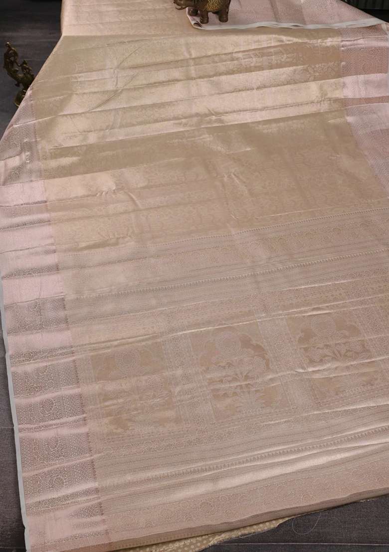 Bangalori Tissue Silk Saree Cream With Allover Zari Woven Brocade Weaves And Long Zari Woven Border With Buttas And Brocade Design For Women - Indya