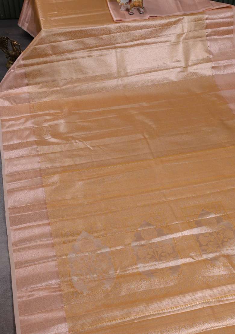 Bangalori Tissue Silk Saree Mustard And Peach With Allover Zari Woven Brocade Weaves And Long Zari Woven With Buttas And Brocade Design For Women - Indya
