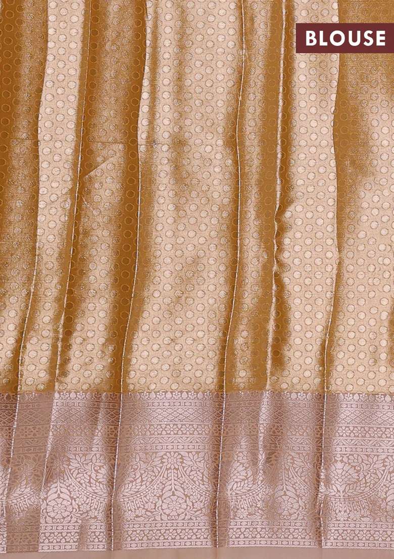 Bangalori Tissue Silk Saree Mustard And Peach With Allover Zari Woven Brocade Weaves And Long Zari Woven With Buttas And Brocade Design For Women - Indya