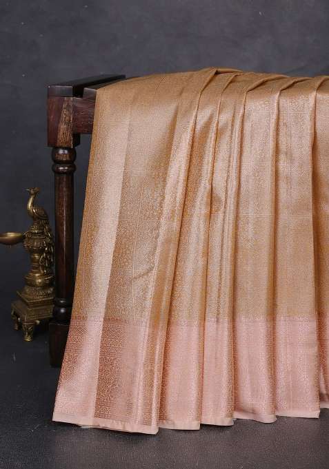 Bangalori Tissue Silk Saree Mustard And Peach With Allover Zari Woven Brocade Weaves And Long Zari Woven With Buttas And Brocade Design For Women