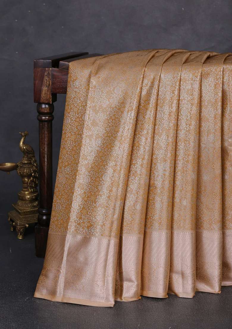Bangalori Tissue Silk Saree Mustard Yellow With Allover Zari Woven Brocade Weaves And Zari Woven Border With Buttas And Brocade Design For Women - Indya