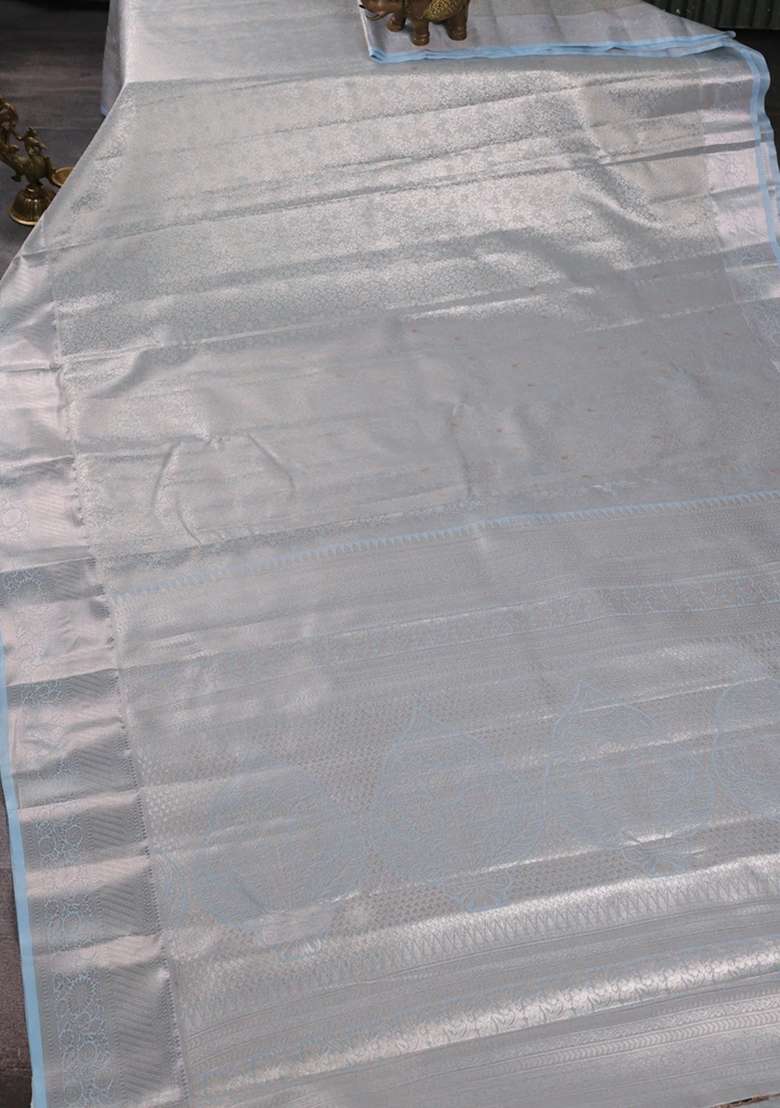 Bangalori Tissue Silk Saree Pastel Blue With Allover Zari Woven Brocade Weaves And Zari Woven Border With Buttas And Brocade Design For Women - Indya